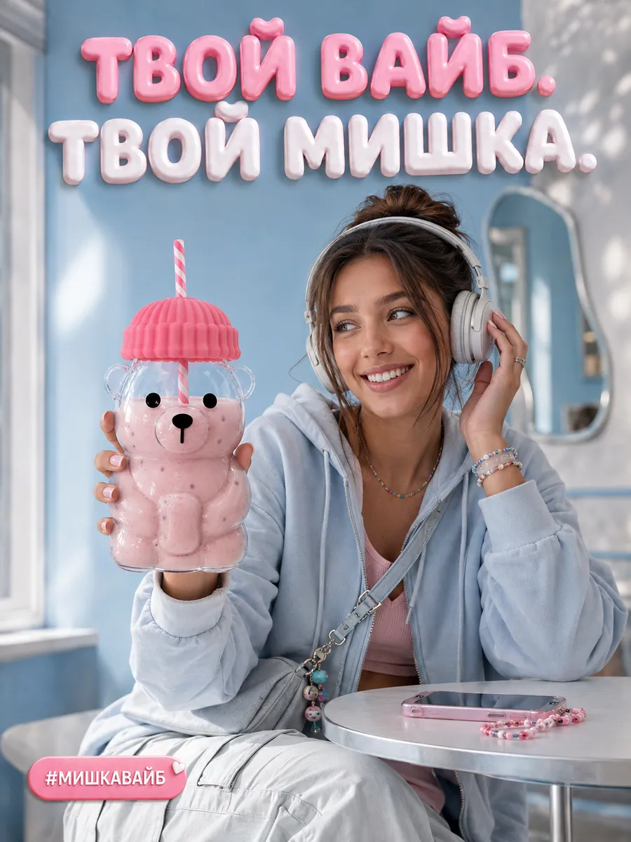 Стакан стеклянный с трубочкой и крышкой Мишка розовый