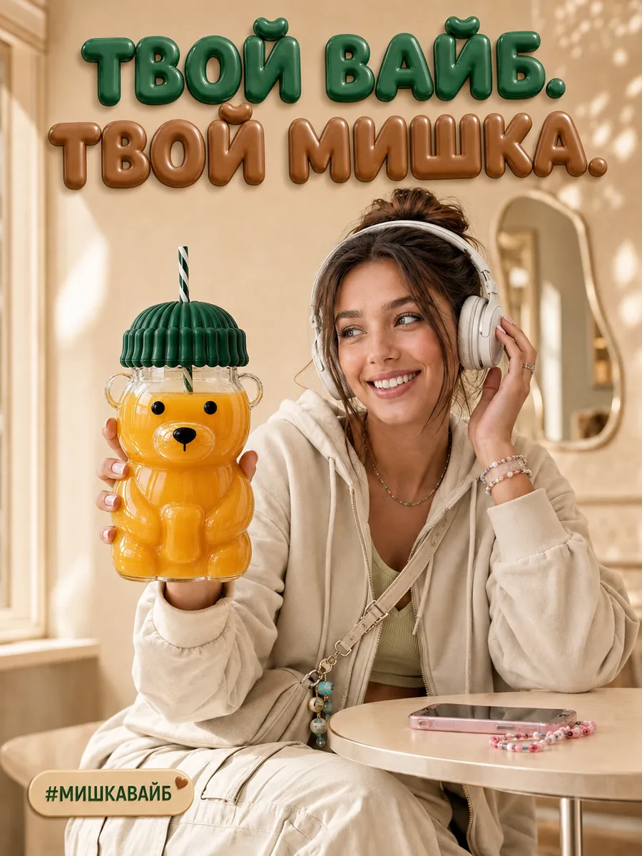 Стакан стеклянный с трубочкой и крышкой Мишка 600 мл зеленый